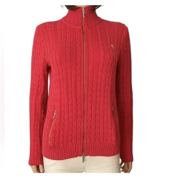 Ralph Lauren Women Sweater Cardigan Cable Knit Large Petite Red Christmas - Picture 1 of 13